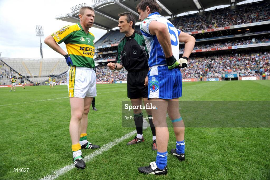 3 August 2008; Referee Maurice Deegan with Kerry captain Tomas O Se and Monaghan captain Damien Freeman before the match. All-Ireland Senior Football Championship Qualifier, Round 3, Kerry v Monaghan, Croke Park, Dublin. Picture credit: Brian Lawless / SPORTSFILE