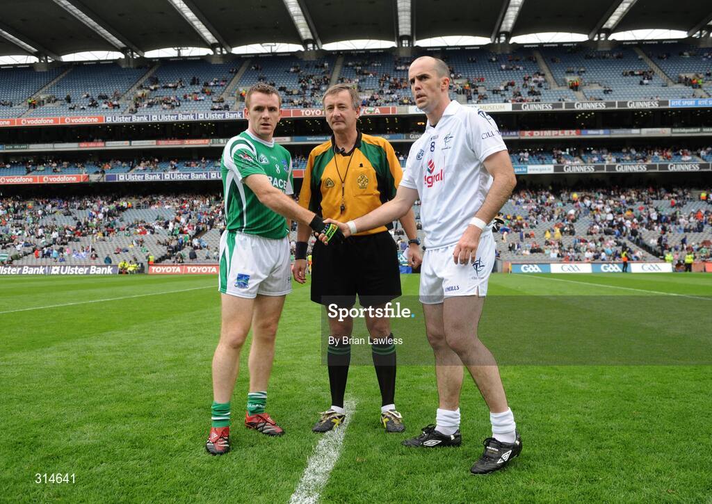 3 August 2008; Referee Aidan Mangan with team captains Martin McGrath, Fermanagh, and Killian Brennan, Kildare. All-Ireland Senior Football Championship Qualifier, Round 3, Fermanagh v Kildare, Croke Park, Dublin. Picture credit: Brian Lawless / SPORTSFILE