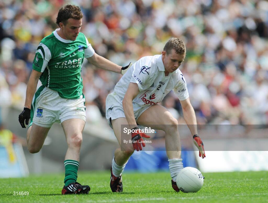 3 August 2008; Morgan O'Flaherty, Kildare, in action against Eamon Maguire, Fermanagh. All-Ireland Senior Football Championship Qualifier, Round 3, Fermanagh v Kildare, Croke Park, Dublin. Picture credit: Brian Lawless / SPORTSFILE
