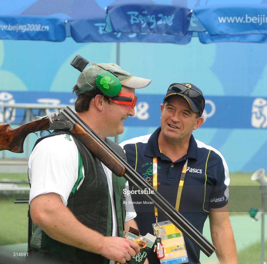6 August 2008; Ireland's Derek Burnett in conversation with sports psychologist Peter Terry after a practice session. Beijing 2008 - Games of the XXIX Olympiad, Beijing Shooting Range, Xiangshan nan Road, Haidian District, Beijing, China. Picture credit: Brendan Moran / SPORTSFILE