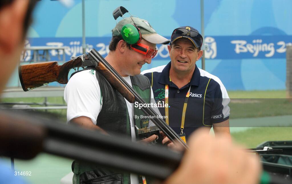 6 August 2008; Ireland's Derek Burnett in conversation with sports psychologist Peter Terry after a practice session. Beijing 2008 - Games of the XXIX Olympiad, Beijing Shooting Range, Xiangshan nan Road, Haidian District, Beijing, China. Picture credit: Brendan Moran / SPORTSFILE