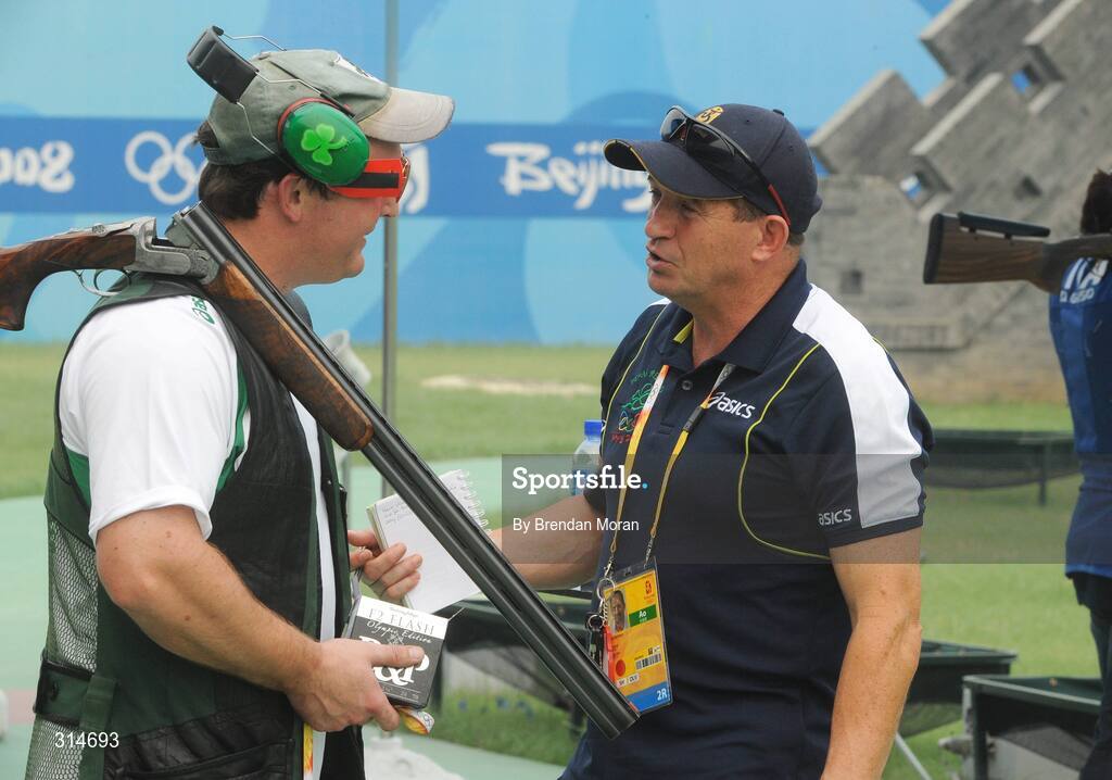 6 August 2008; Ireland's Derek Burnett in conversation with sports psychologist Peter Terry after a practice session. Beijing 2008 - Games of the XXIX Olympiad, Beijing Shooting Range, Xiangshan nan Road, Haidian District, Beijing, China. Picture credit: Brendan Moran / SPORTSFILE
