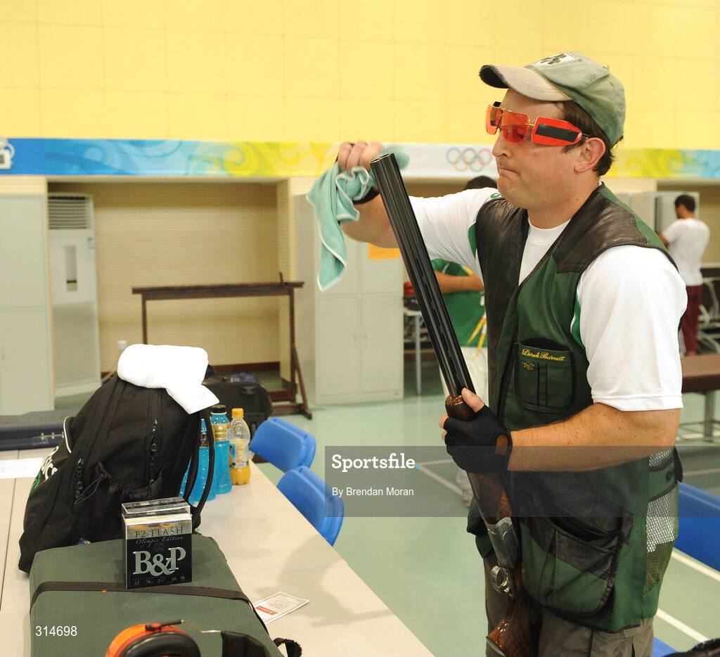 6 August 2008; Ireland's Derek Burnett finalises his preparations before a training session. Beijing 2008 - Games of the XXIX Olympiad, Beijing Shooting Range, Xiangshan nan Road, Haidian District, Beijing, China. Picture credit: Brendan Moran / SPORTSFILE