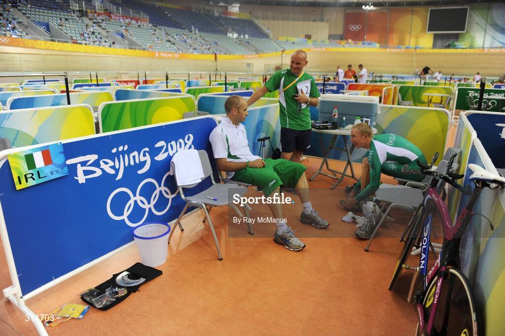 6 August 2008; Coach Tommy Evans, centre, and cycling technician Johnny Cruise, left, in conversation with David O'Loughlin, from Cong, Co. Mayo, during a  training session in advance of the Games which open on Friday. Beijing 2008 - Games of the XXIX Olympiad, Laoshan Velodrome, Shijingshan District, Beijing, China. Picture credit: Ray McManus / SPORTSFILE