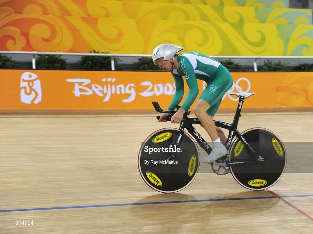 6 August 2008; David O'Loughlin, from Cong, Co. Mayo, during a  training session in advance of the Games which open on Friday. Speaking after training David said " I was sixth in the World Championships, so I'd like to improve on that. My personal best for the Individual Sprint is 4:20min, and  I'd like to be down to 4:17min. I'll be a bit better, than I was at the World Championships, and I'll be happy. Beijing 2008 - Games of the XXIX Olympiad, Laoshan Velodrome, Shijingshan District, Beijing, China. Picture credit: Ray McManus / SPORTSFILE
