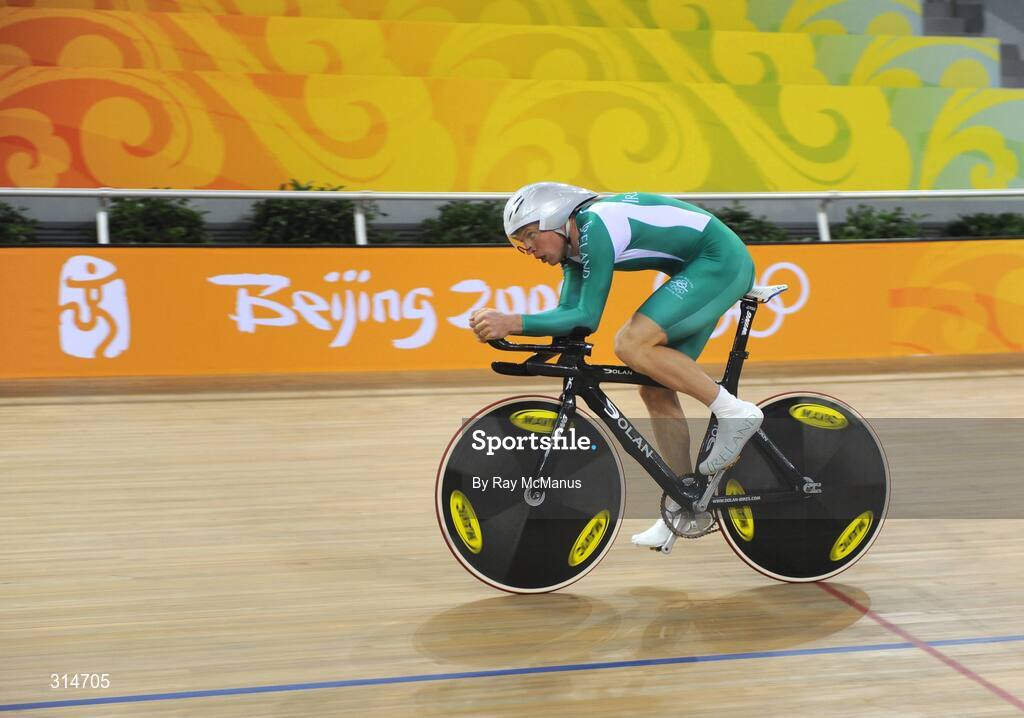 6 August 2008; David O'Loughlin, from Cong, Co. Mayo, during a  training session in advance of the Games which open on Friday. Speaking after training David said " I was sixth in the World Championships, so I'd like to improve on that. My personal best for the Individual Sprint is 4:20min, and  I'd like to be down to 4:17min. I'll be a bit better, than I was at the World Championships, and I'll be happy. Beijing 2008 - Games of the XXIX Olympiad, Laoshan Velodrome, Shijingshan District, Beijing, China. Picture credit: Ray McManus / SPORTSFILE