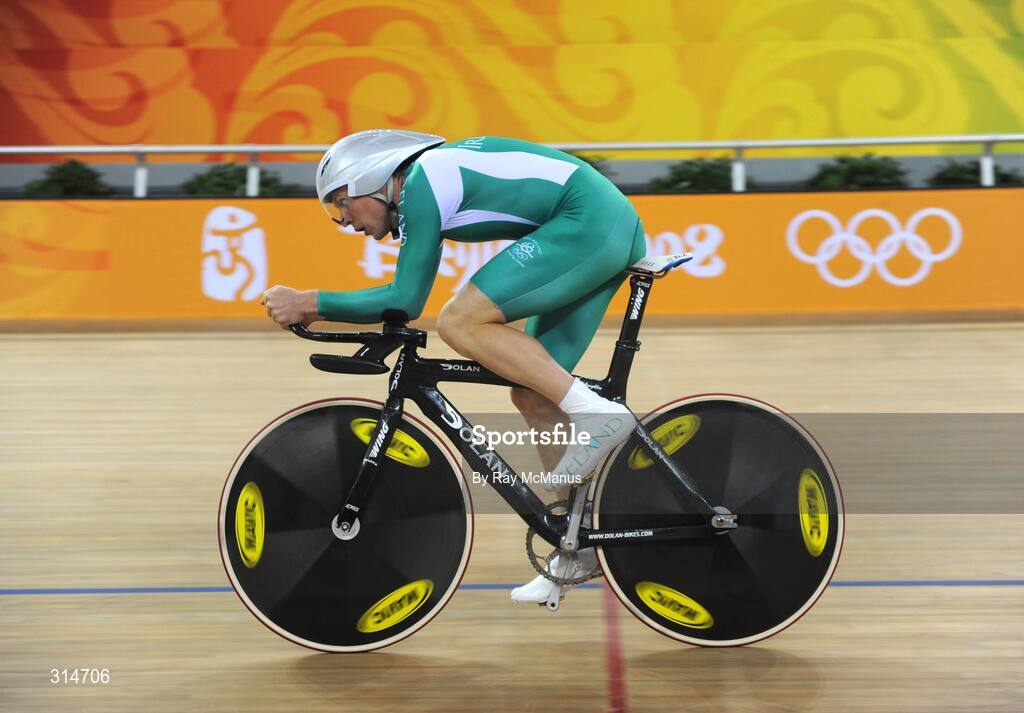 6 August 2008; David O'Loughlin, from Cong, Co. Mayo, during a  training session in advance of the Games which open on Friday. Speaking after training David said " I was sixth in the World Championships, so I'd like to improve on that. My personal best for the Individual Sprint is 4:20min, and  I'd like to be down to 4:17min. I'll be a bit better, than I was at the World Championships, and I'll be happy. Beijing 2008 - Games of the XXIX Olympiad, Laoshan Velodrome, Shijingshan District, Beijing, China. Picture credit: Ray McManus / SPORTSFILE
