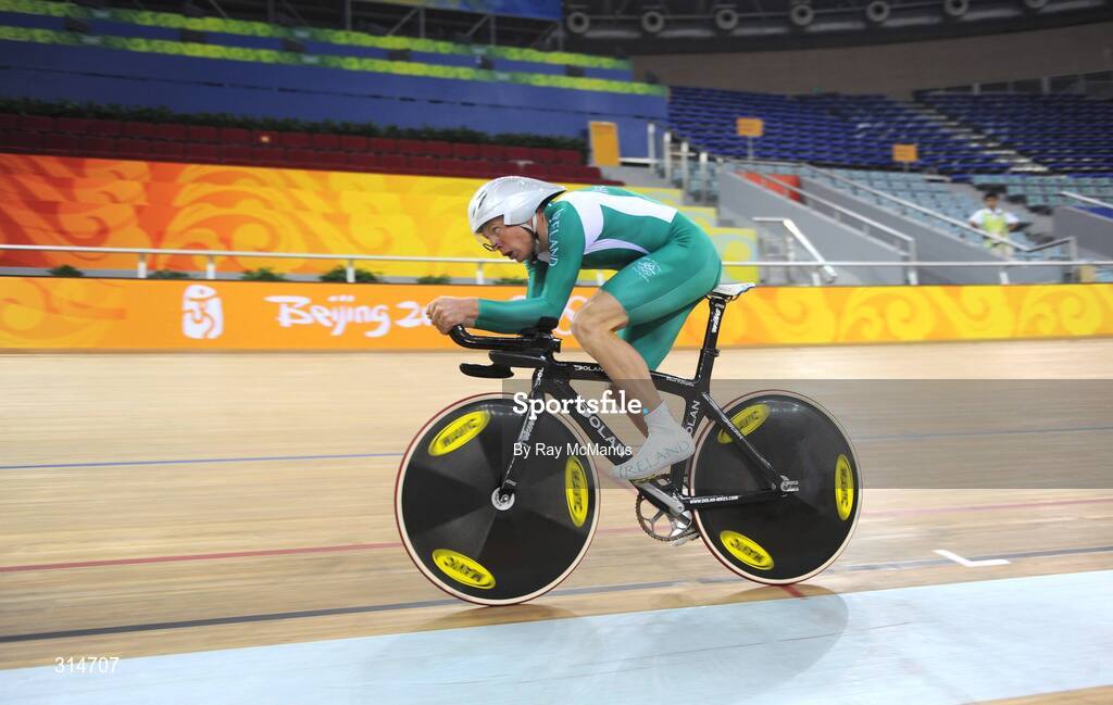 6 August 2008; David O'Loughlin, from Cong, Co. Mayo, during a  training session in advance of the Games which open on Friday. Speaking after training David said " I was sixth in the World Championships, so I'd like to improve on that. My personal best for the Individual Sprint is 4:20min, and  I'd like to be down to 4:17min. I'll be a bit better, than I was at the World Championships, and I'll be happy. Beijing 2008 - Games of the XXIX Olympiad, Laoshan Velodrome, Shijingshan District, Beijing, China. Picture credit: Ray McManus / SPORTSFILE