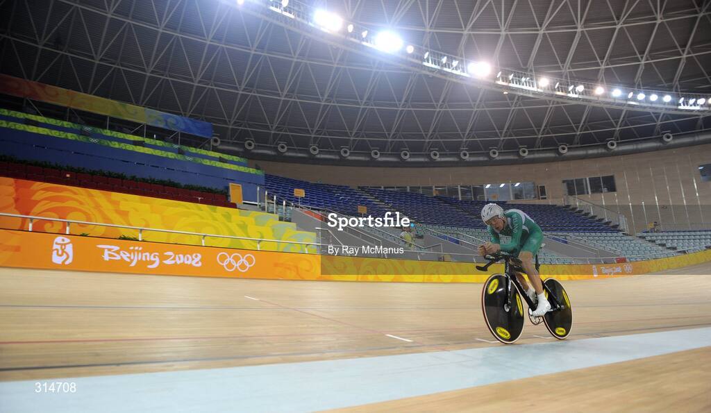 6 August 2008; David O'Loughlin, from Cong, Co. Mayo, during a  training session in advance of the Games which open on Friday. Speaking after training David said " I was sixth in the World Championships, so I'd like to improve on that. My personal best for the Individual Sprint is 4:20min, and  I'd like to be down to 4:17min. I'll be a bit better, than I was at the World Championships, and I'll be happy. Beijing 2008 - Games of the XXIX Olympiad, Laoshan Velodrome, Shijingshan District, Beijing, China. Picture credit: Ray McManus / SPORTSFILE