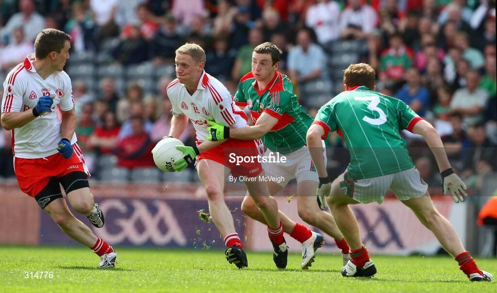 2 August 2008; Colm McCullagh, Tyrone, in action against Keith Higgins, Mayo. All-Ireland Senior Football Championship Qualifier, Round 3, Tyrone v Mayo, Croke Park, Dublin. Picture credit: Oliver McVeigh / SPORTSFILE