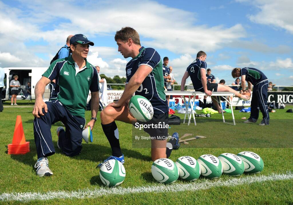7 August 2008; Ireland's Ronan O'Gara in conversation with Les Kiss, defence coach, ahead of squad training. Presentation Brothers College Sports Grounds, Dennehy's Cross, Cork. Picture credit: Stephen McCarthy / SPORTSFILE