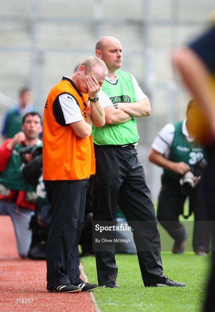 3 August 2008; Fermanagh manager Malachy O'Rourke, right, and trainer Leo McBride on the sideline. All-Ireland Senior Football Championship Qualifier, Round 3, Fermanagh v Kildare, Croke Park, Dublin. Picture credit: Oliver McVeigh / SPORTSFILE