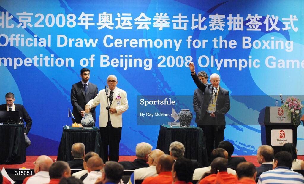 8 August 2008; Pat Hickey, right, President of the OCI and President of the EOC, representing the IOC in the role of official adjudicator, during the draw for the preliminaries of the boxing. Beijing 2008 - Games of the XXIX Olympiad, Beijing Workers Gymnasium, Olympic Green, Beijing, China. Picture credit: Ray McManus / SPORTSFILE