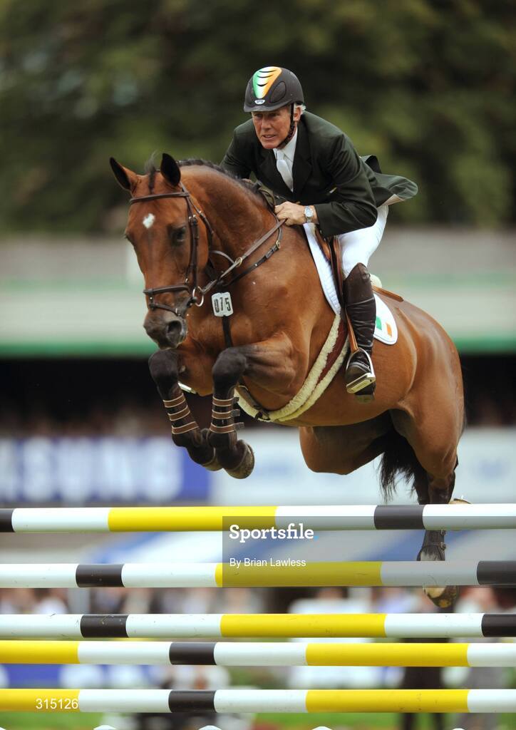 8 August 2008; Tedechine Sept, with Eddie Macken up, competes for Ireland at the Samsung Super League with FEI of Ireland Aga Khan Nations Cup. Failte Ireland Dublin Horse Show 2008, The Royal Dublin Society (RDS), Ballsbridge, Dublin. Picture credit: Brian Lawless / SPORTSFILE