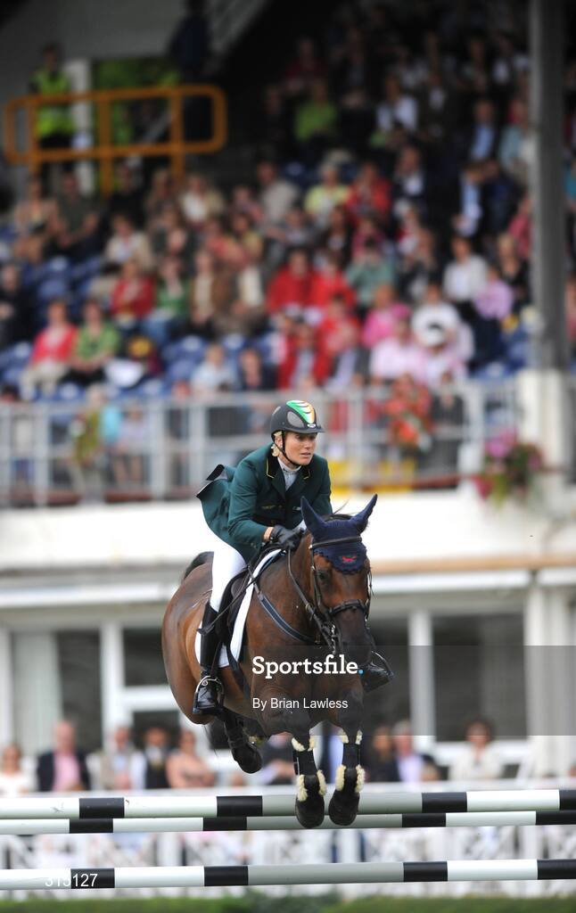8 August 2008; Castle Forbes Libertina, with Jessica Kuerten up, competes for Ireland at the Samsung Super League with FEI of Ireland Aga Khan Nations Cup. Failte Ireland Dublin Horse Show 2008, The Royal Dublin Society (RDS), Ballsbridge, Dublin. Picture credit: Brian Lawless / SPORTSFILE