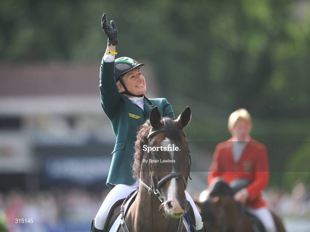 8 August 2008; Ireland's Jessica Kuerten, aboard Castle Forbes Libertina, after Ireland finished second in the Samsung Super League with FEI of Ireland Aga Khan Nations Cup.Failte Ireland Dublin Horse Show 2008, The Royal Dublin Society, Ballsbridge, Dublin. Picture credit: Brian Lawless / SPORTSFILE