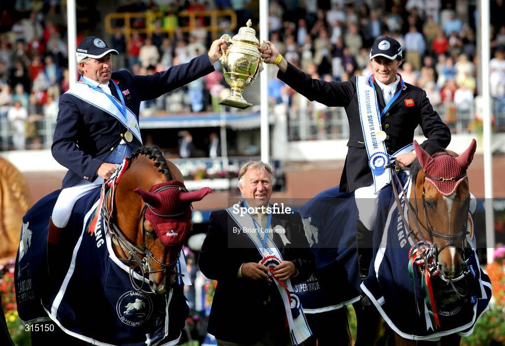8 August 2008; Great Britain's Chef d'Equipe David Broome, centre, with Nick Skelton, aboard Arko III, left, and Tim Gredley, aboard Omelli, after victory in the Samsung Super League with FEI of Ireland Aga Khan Nations Cup. Failte Ireland Dublin Horse Show 2008, The Royal Dublin Society, Ballsbridge, Dublin. Picture credit: Brian Lawless / SPORTSFILE