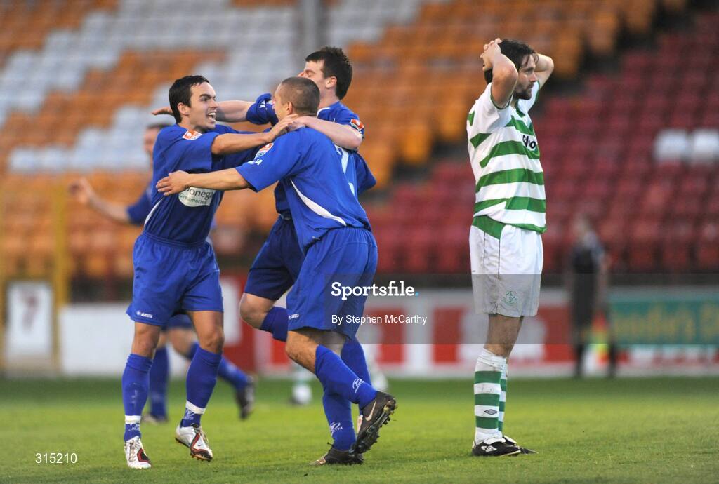 8 August 2008; Alan Labonte, Finn Harps, 2, celebrates with team-mates Neil McCafferty, left, and Conor Gethins after scoring his side's first goal as Darragh Maguire, Shamrock Rovers, holds his head. eircom League of Ireland Premier Division, Shamrock Rovers v Finn Harps, Tolka Park, Dublin. Picture credit: Stephen McCarthy / SPORTSFILE