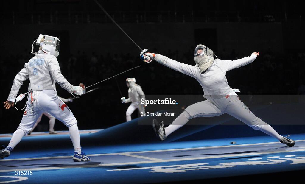 9 August 2008; Siobhan Byrne, right, Ireland, in action against Irena Wieckowska, Poland, to whom she lost 15-8. Beijing 2008 - Games of the XXIX Olympiad, Fencing Hall of National Convention Centre, Olympic Green, Beijing, China. Picture credit: Brendan Moran / SPORTSFILE