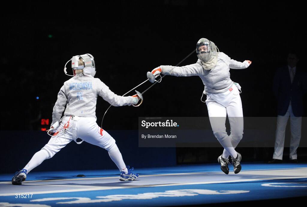 9 August 2008; Siobhan Byrne, right, Ireland, in action against Irena Wieckowska, Poland, to whom she lost 15-8. Beijing 2008 - Games of the XXIX Olympiad, Fencing Hall of National Convention Centre, Olympic Green, Beijing, China. Picture credit: Brendan Moran / SPORTSFILE