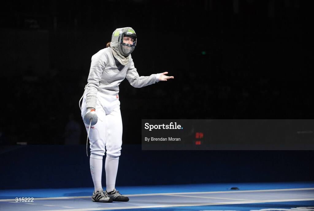9 August 2008; Siobhan Byrne, Ireland, appeals to the judge after losing a point against Irena Wieckowska, Poland, to whom she lost 15-8. Beijing 2008 - Games of the XXIX Olympiad, Fencing Hall of National Convention Centre, Olympic Green, Beijing, China. Picture credit: Brendan Moran / SPORTSFILE