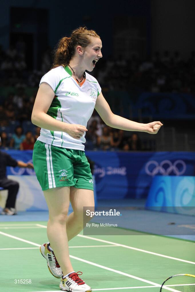 9 August 2008; Ireland's Chloe Magee celebrates beating Kati Tolmoff, Estonia, 18-21, 21-18, 21-19. Beijing 2008 - Games of the XXIX Olympiad, Beijing University of Technology Gymnasium, Beijing, China. Picture credit: Ray McManus / SPORTSFILE