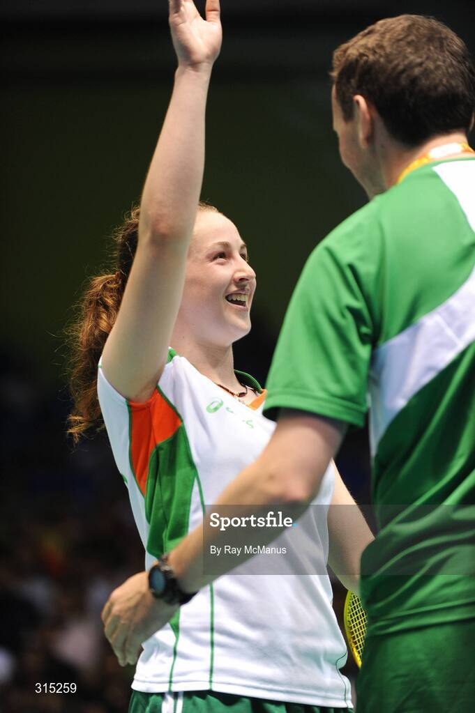 9 August 2008; Ireland's Chloe Magee celebrates beating Kati Tolmoff, Estonia, 18-21, 21-18, 21-19. Beijing 2008 - Games of the XXIX Olympiad, Beijing University of Technology Gymnasium, Beijing, China. Picture credit: Ray McManus / SPORTSFILE