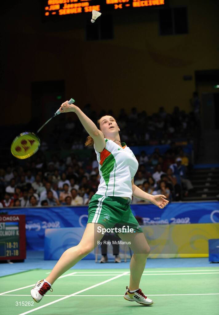 9 August 2008; Chloe Magee, Ireland, in action during the first round game against Kati Tolmoff, Estonia. Magee won 18-21, 21-18, 21-19. Beijing 2008 - Games of the XXIX Olympiad, Beijing University of Technology Gymnasium, Beijing, China. Picture credit: Ray McManus / SPORTSFILE