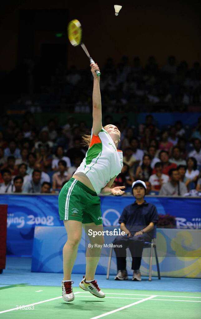 9 August 2008; Chloe Magee, Ireland, in action during the first round game against Kati Tolmoff, Estonia. Magee won 18-21, 21-18, 21-19. Beijing 2008 - Games of the XXIX Olympiad, Beijing University of Technology Gymnasium, Beijing, China. Picture credit: Ray McManus / SPORTSFILE