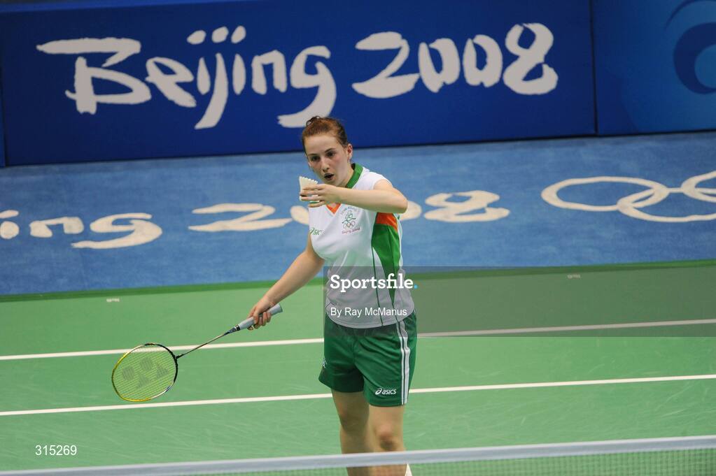 9 August 2008; Chloe Magee, Ireland, serves during the first round game against Kati Tolmoff, Estonia. Magee won 18-21, 21-18, 21-19. Beijing 2008 - Games of the XXIX Olympiad, Beijing University of Technology Gymnasium, Beijing, China. Picture credit: Ray McManus / SPORTSFILE