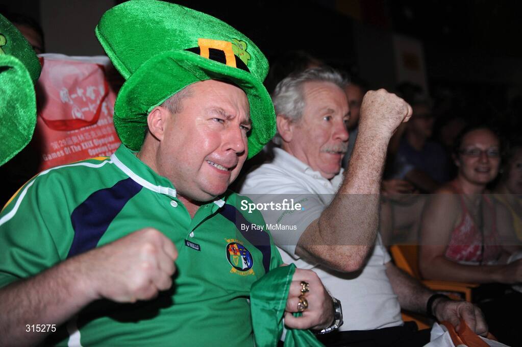 9 August 2008; Irish boxing supporters Martin Fennessy, left,  from Clonmel, Co. Tipperary, and Tony Davitt, Stamullin, Co Meath cheer on Ken Egan. Beijing 2008 - Games of the XXIX Olympiad, Beijing Workers Gymnasium, Olympic Green, Beijing, China. Picture credit: Ray McManus / SPORTSFILE