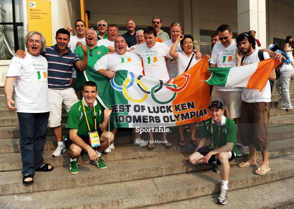 8 August 2008; Irish boxing supporters celebrate victory for Ken Egan, in the Light heavy weight, 81 kg, contest, with Egan's team-mates Paddy Barnes and John Joe Joyce. Beijing 2008 - Games of the XXIX Olympiad, Beijing Workers Gymnasium, Olympic Green, Beijing, China. Picture credit: Ray McManus / SPORTSFILE