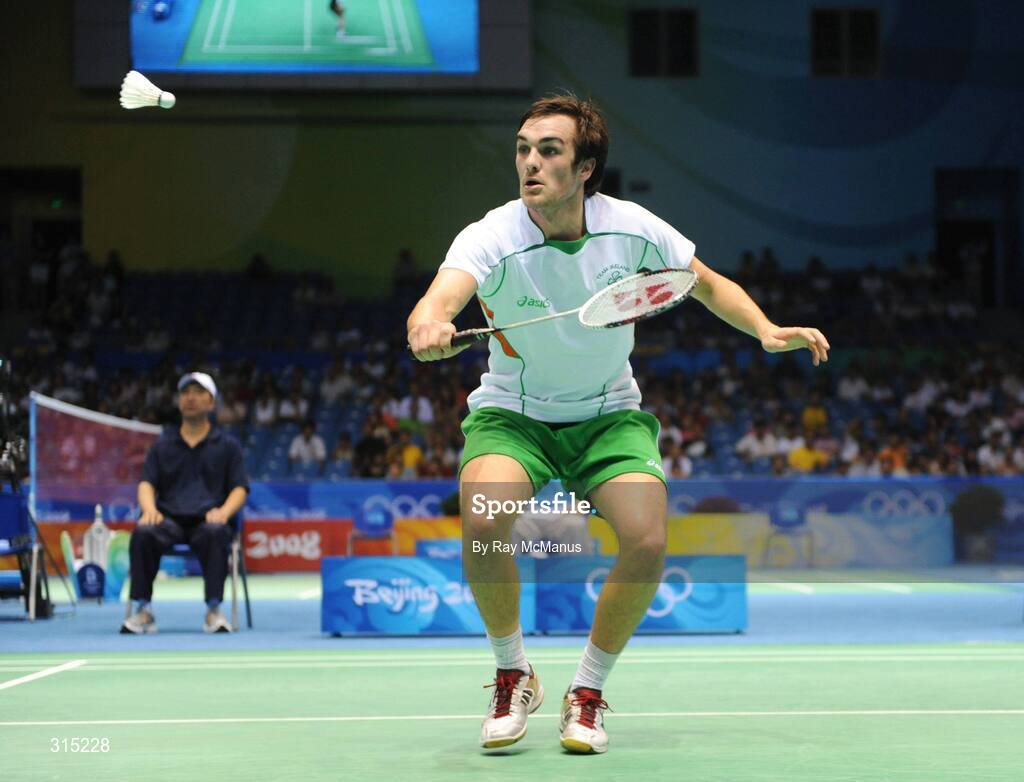 9 August 2008; Scott Evans, Ireland, in action during the first round game against Marc Zwiebler, Germany. Beijing 2008 - Games of the XXIX Olympiad, Beijing University of Technology Gymnasium, Beijing, China. Picture credit: Ray McManus / SPORTSFILE