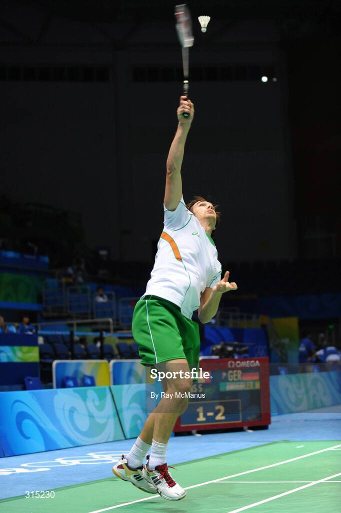 9 August 2008; Scott Evans, Ireland, in action during the first round game against Marc Zwiebler, Germany. Beijing 2008 - Games of the XXIX Olympiad, Beijing University of Technology Gymnasium, Beijing, China. Picture credit: Ray McManus / SPORTSFILE