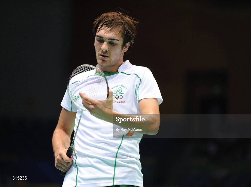 9 August 2008; Scott Evans, Ireland, in action during the first round game against Marc Zwiebler, Germany. Beijing 2008 - Games of the XXIX Olympiad, Beijing University of Technology Gymnasium, Beijing, China. Picture credit: Ray McManus / SPORTSFILE