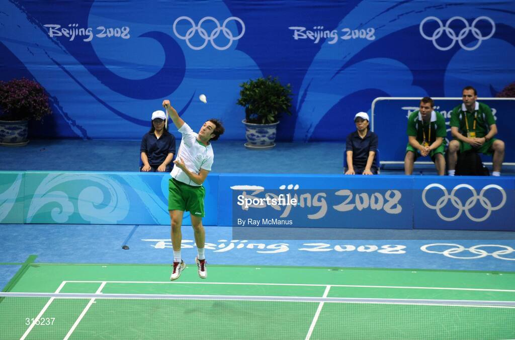 9 August 2008; Scott Evans, Ireland, in action during the first round game against Marc Zwiebler, Germany. Beijing 2008 - Games of the XXIX Olympiad, Beijing University of Technology Gymnasium, Beijing, China. Picture credit: Ray McManus / SPORTSFILE