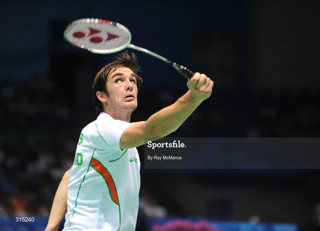 9 August 2008; Scott Evans, Ireland, in action during the first round game against Marc Zwiebler, Germany. Beijing 2008 - Games of the XXIX Olympiad, Beijing University of Technology Gymnasium, Beijing, China. Picture credit: Ray McManus / SPORTSFILE