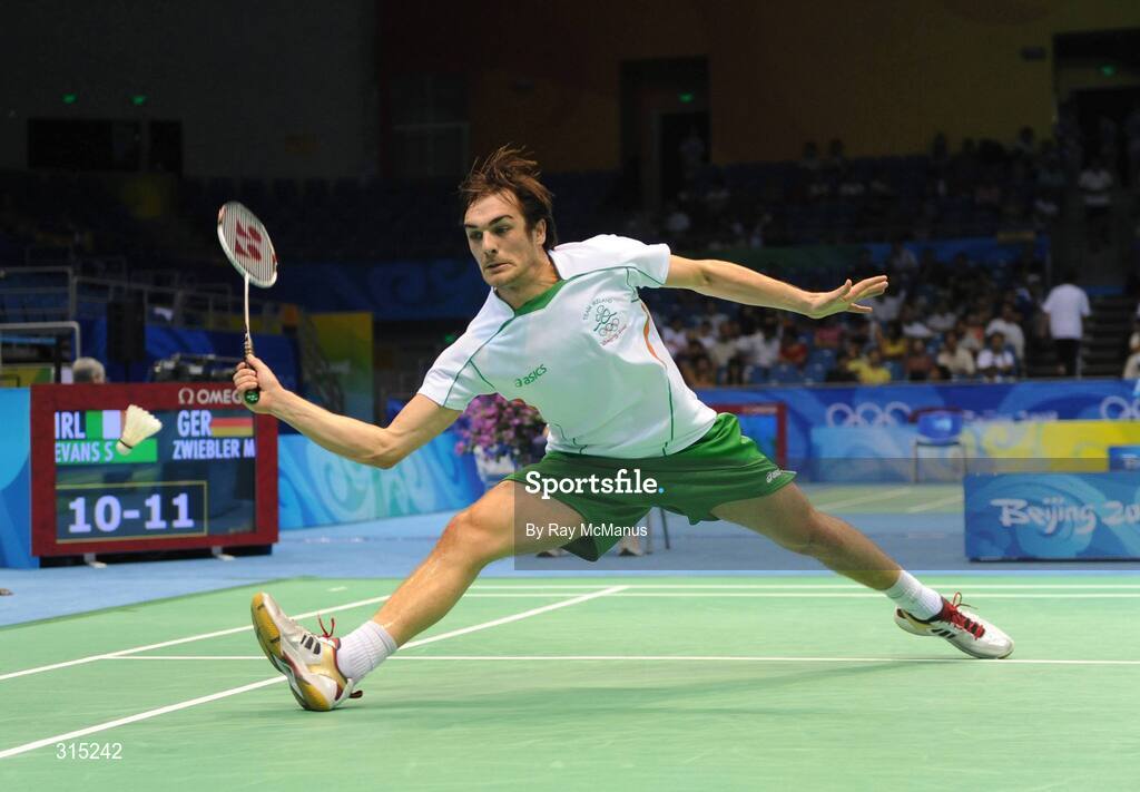 9 August 2008; Scott Evans, Ireland, in action during the first round game against Marc Zwiebler, Germany. Beijing 2008 - Games of the XXIX Olympiad, Beijing University of Technology Gymnasium, Beijing, China. Picture credit: Ray McManus / SPORTSFILE