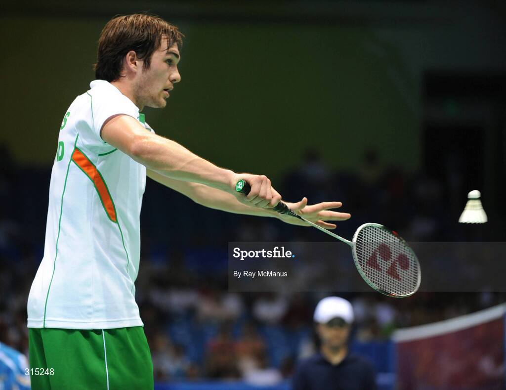 9 August 2008; Scott Evans, Ireland, in action during the first round game against Marc Zwiebler, Germany. Beijing 2008 - Games of the XXIX Olympiad, Beijing University of Technology Gymnasium, Beijing, China. Picture credit: Ray McManus / SPORTSFILE