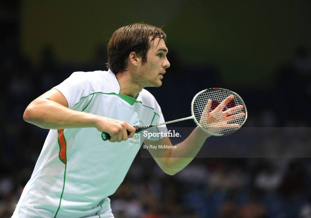 9 August 2008; Scott Evans, Ireland, in action during the first round game against Marc Zwiebler, Germany. Beijing 2008 - Games of the XXIX Olympiad, Beijing University of Technology Gymnasium, Beijing, China. Picture credit: Ray McManus / SPORTSFILE