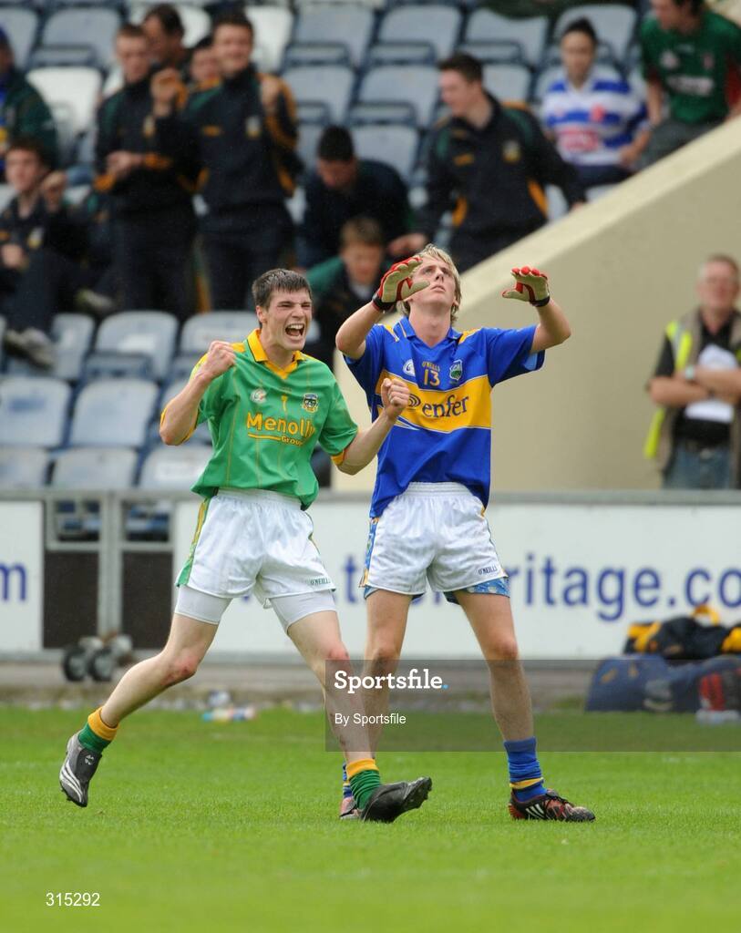 9 August 2008; Donncha Tobin, Meath, celebrates as Conor Sweeney, Tipperary, goes to catch the ball at the final whistle. ESB GAA Football All-Ireland Minor Championship Quarter-Final, Meath v Tipperary, O'Moore Park, Portlaoise, Co Laois. Photo by Sportsfile