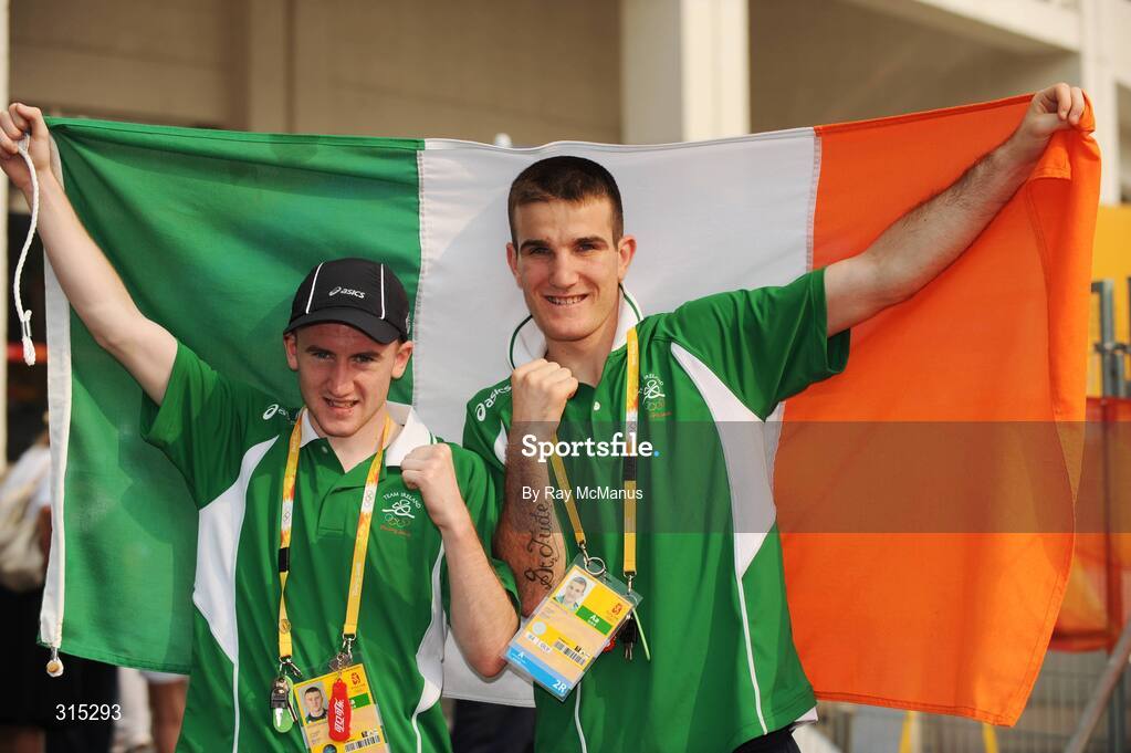 9 August 2008; Boxers Paddy Barnes and John Joe Joyce relax after the Ken Egan contest. Beijing 2008 - Games of the XXIX Olympiad, Beijing Workers Gymnasium, Olympic Green, Beijing, China. Picture credit: Ray McManus / SPORTSFILE