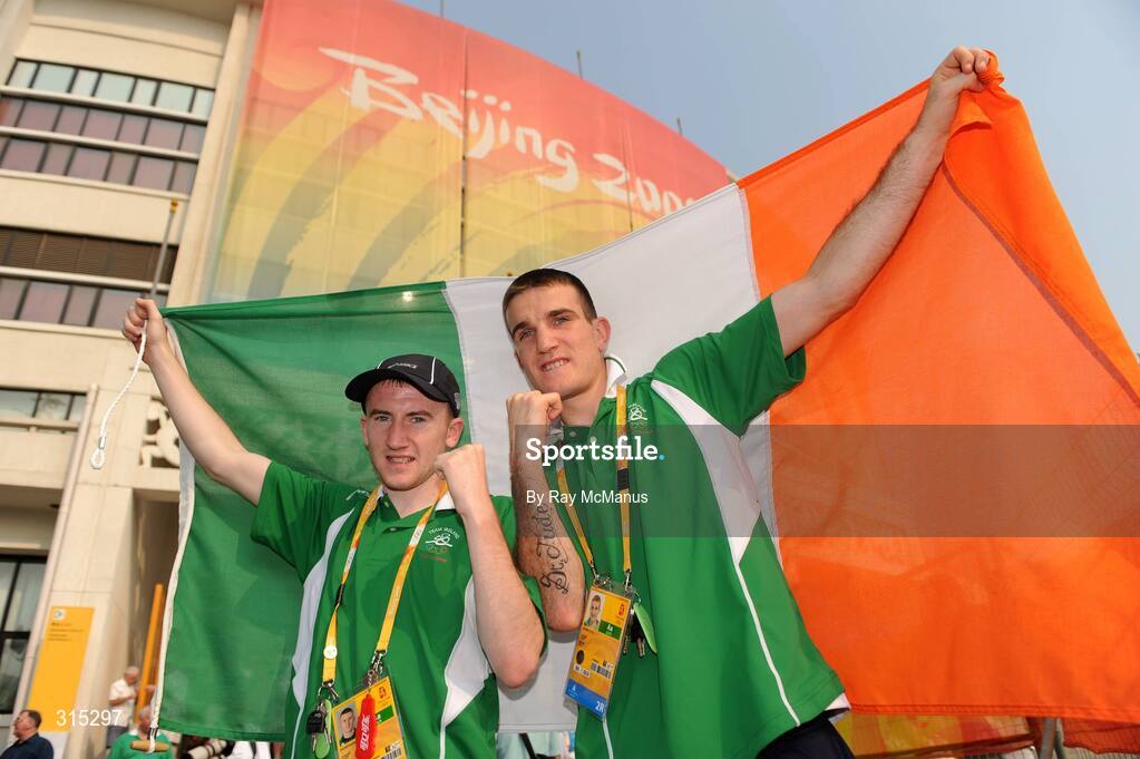 9 August 2008; Boxers Paddy Barnes and John Joe Joyce relax after the Ken Egan contest. Beijing 2008 - Games of the XXIX Olympiad, Beijing Workers Gymnasium, Olympic Green, Beijing, China. Picture credit: Ray McManus / SPORTSFILE