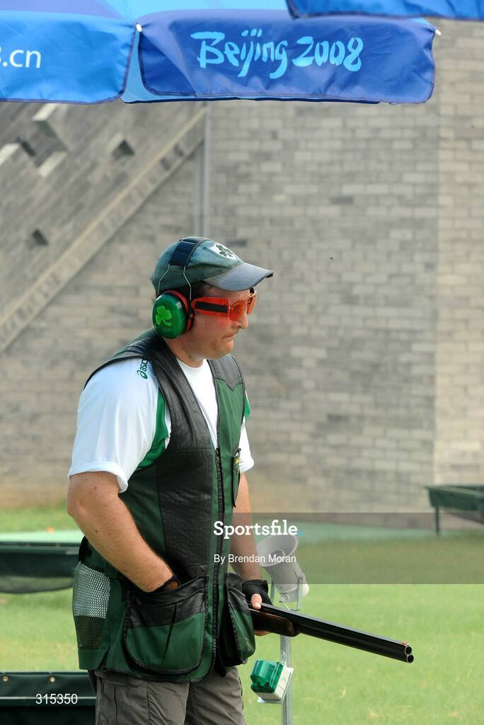 9 August 2008; Ireland's Derek Burnett reacts during Men's Trap Qualification. Beijing 2008 - Games of the XXIX Olympiad, Beijing Shooting Range, Xiangshan nan Road, Haidian District, Beijing, China. Picture credit: Brendan Moran / SPORTSFILE