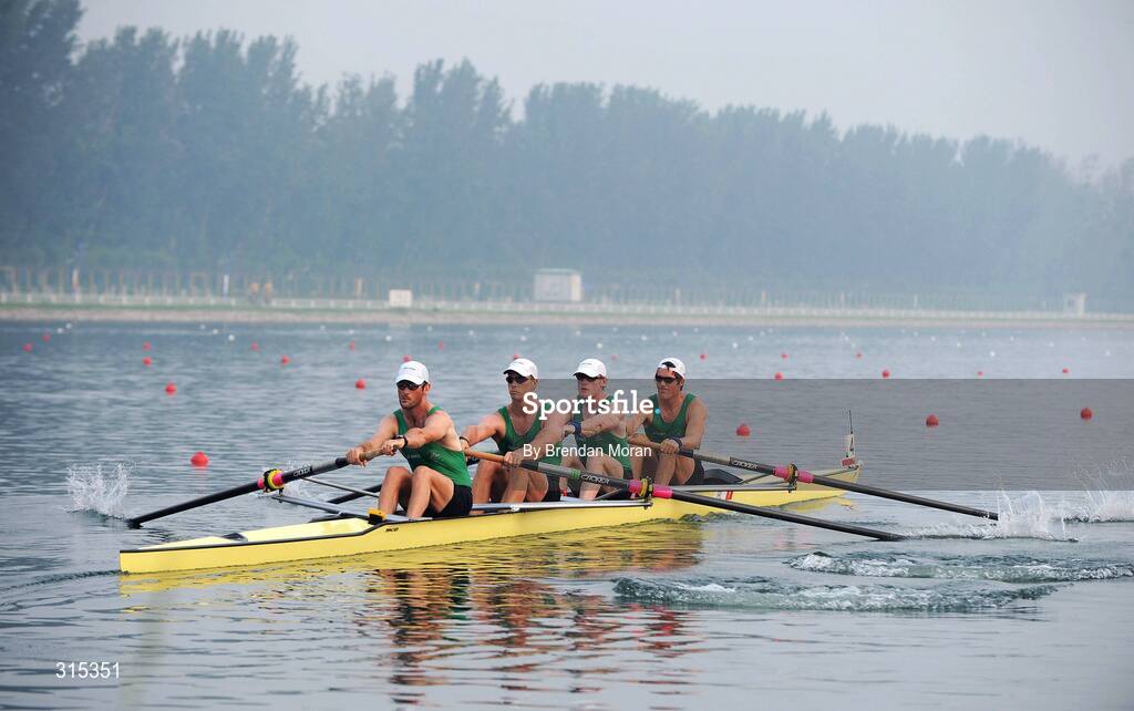 9 August 2008; The Ireland Men's Heavyweight Four, from left, Sean O'Neill, bow, Jonno Devlin, 2nd seat, Sean Casey, 3rd seat and Cormac Folan, stroke, in action during their heat of the Men's Fours. Beijing 2008 - Games of the XXIX Olympiad, Shunyi Olympic Rowing-Canoeing Park, Shunyi District, Beijing, China. Picture credit: Brendan Moran / SPORTSFILE