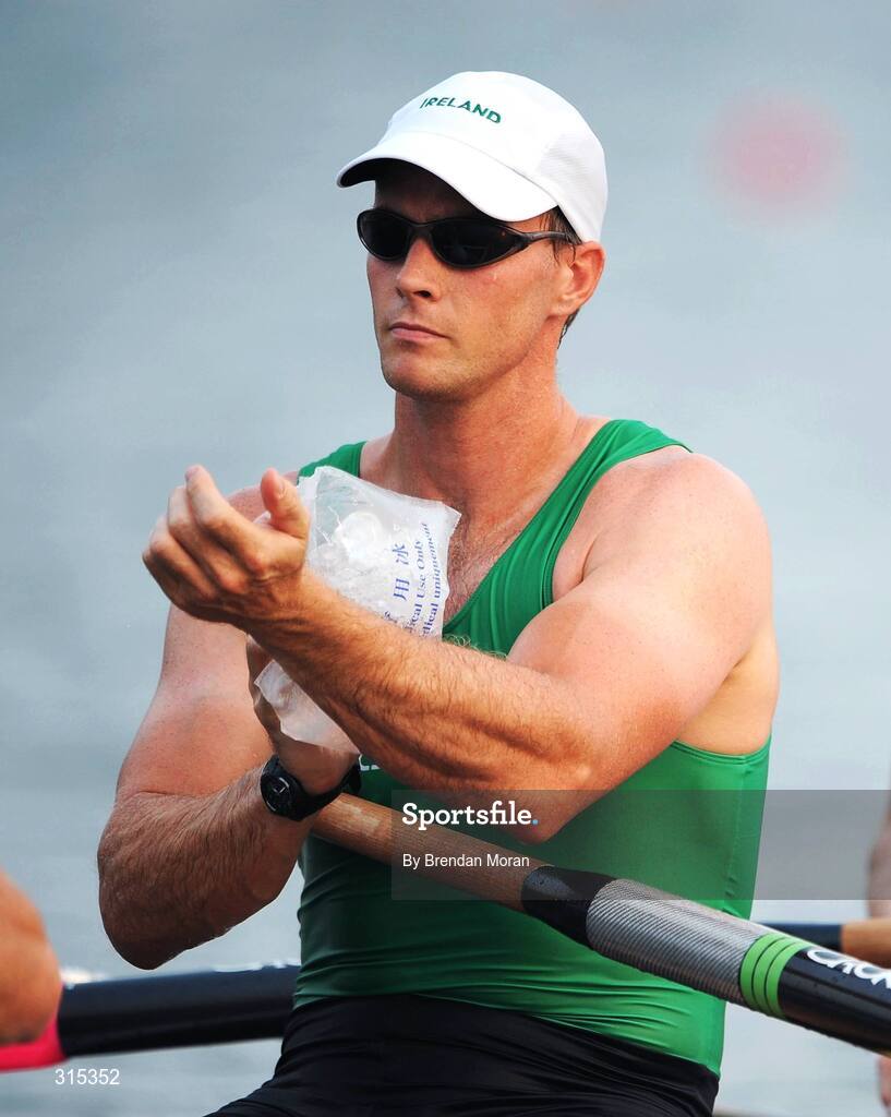 9 August 2008; Ireland's Jonno Devlin cools himself with an ice pack before their heat of the Men's Fours. Beijing 2008 - Games of the XXIX Olympiad, Shunyi Olympic Rowing-Canoeing Park, Shunyi District, Beijing, China. Picture credit: Brendan Moran / SPORTSFILE