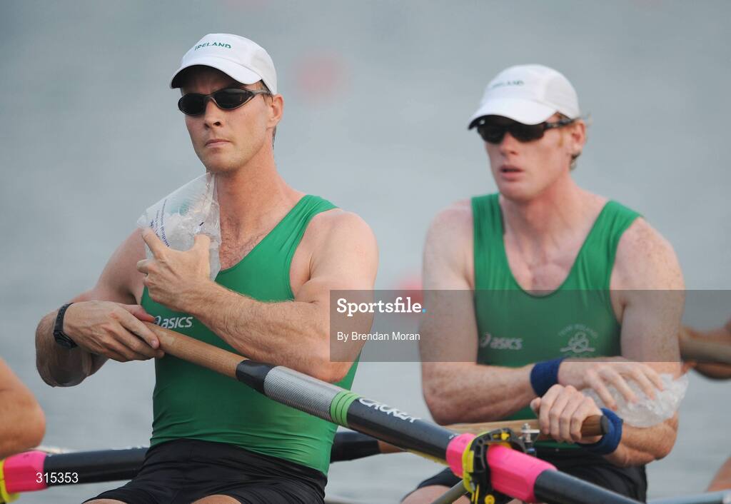 9 August 2008; Ireland's Jonno Devlin, left, and Sean Casey cool themselves with ice packs before their heat of the Men's Fours. Beijing 2008 - Games of the XXIX Olympiad, Shunyi Olympic Rowing-Canoeing Park, Shunyi District, Beijing, China. Picture credit: Brendan Moran / SPORTSFILE