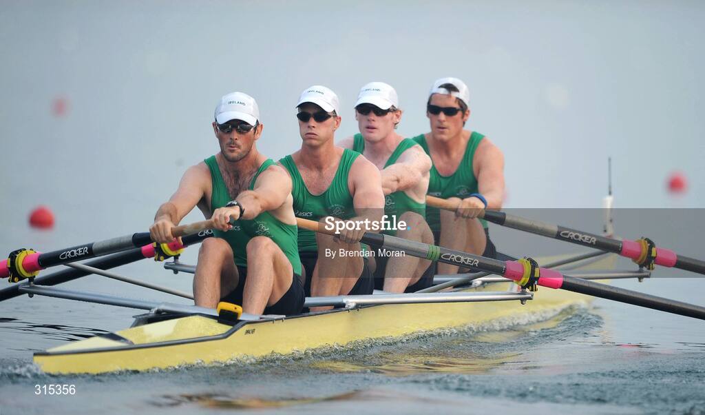 9 August 2008; The Ireland Men's Heavyweight Four, from left, Sean O'Neill, bow, Jonno Devlin, 2nd seat, Sean Casey, 3rd seat and Cormac Folan, stroke, in action during their heat of the Men's Fours. Beijing 2008 - Games of the XXIX Olympiad, Shunyi Olympic Rowing-Canoeing Park, Shunyi District, Beijing, China. Picture credit: Brendan Moran / SPORTSFILE