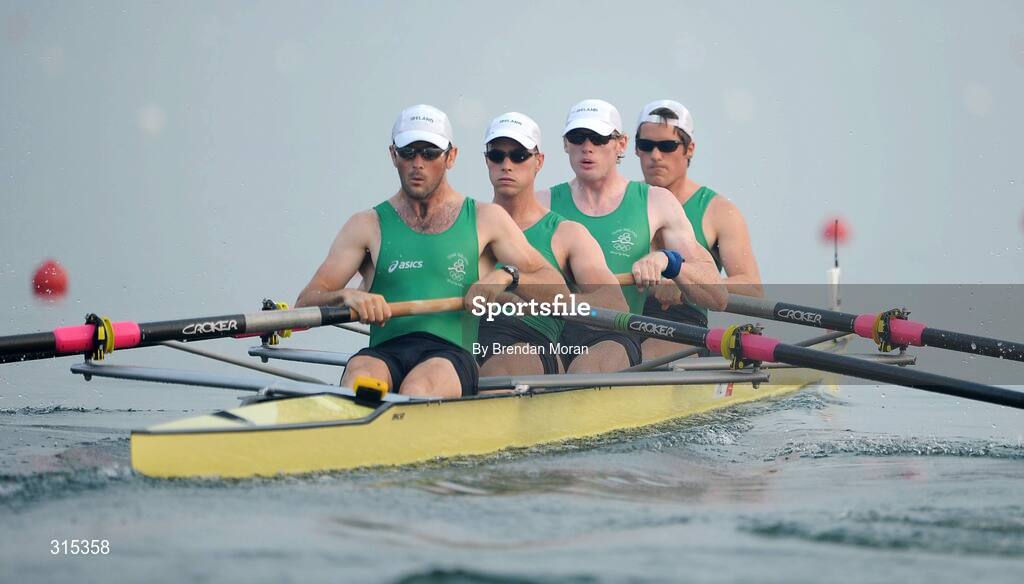 9 August 2008; The Ireland Men's Heavyweight Four, from left, Sean O'Neill, bow, Jonno Devlin, 2nd seat, Sean Casey, 3rd seat and Cormac Folan, stroke, in action during their heat of the Men's Fours. Beijing 2008 - Games of the XXIX Olympiad, Shunyi Olympic Rowing-Canoeing Park, Shunyi District, Beijing, China. Picture credit: Brendan Moran / SPORTSFILE