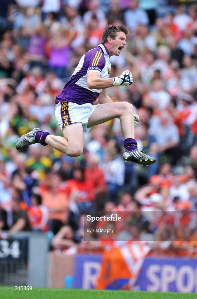 9 August 2008; Wexford goalkeeper Anthony Masterson jumps in celebration after his side scored a goal. GAA Football All-Ireland Senior Championship Quarter-Final, Armagh v Wexford, Croke Park, Dublin. Picture credit: Pat Murphy / SPORTSFILE